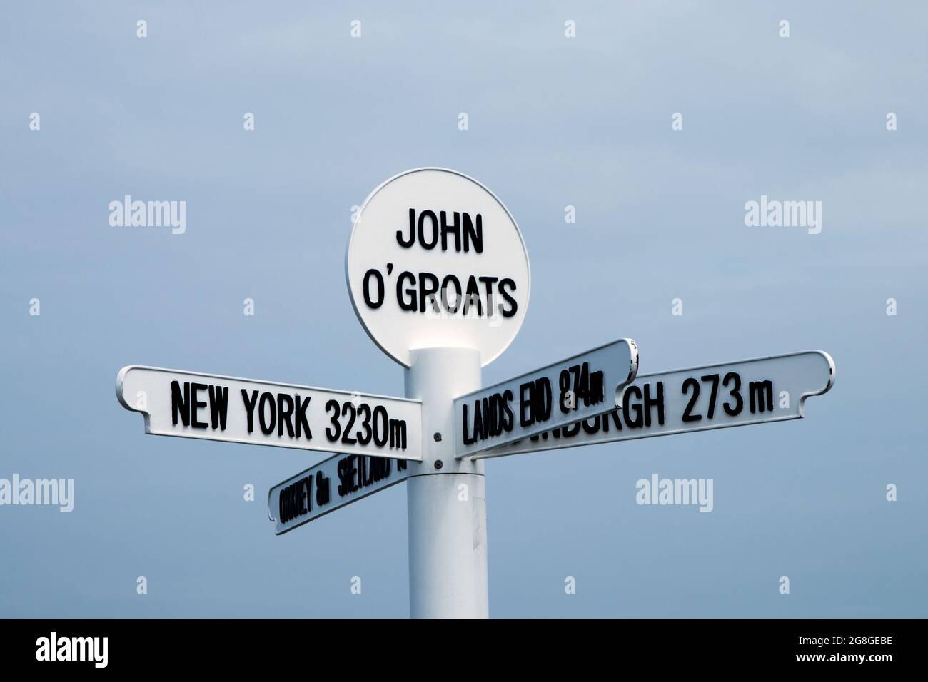 Mileage direction signboards at John O`Groats in northern Scotland Stock Photo